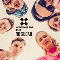 Members of the band who stand in a circle (the photo taken from the bottom). In the middle of the picture - black inscriptions (information about the concert)