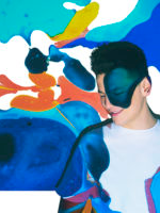 A composition of colourful spots and the photo of the artist