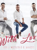 Photo of three men - dressed in white shirts and jeans, sitting on bar stools. In the bottom of the photo - red inscription "With love"