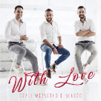 Photo of three men - dressed in white shirts and jeans, sitting on bar stools. In the bottom of the photo - red inscription "With love"