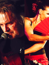 Photo divided into two parts: on the left - photo of Witek Łukaszewski singing to the microphone, on the right - photo of Angelika Bobkowska in a dance pose with a hand fan.