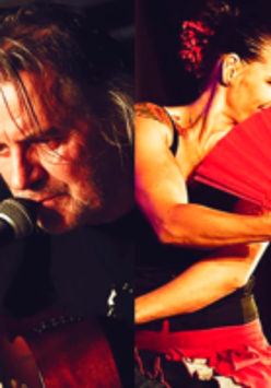 Photo divided into two parts: on the left - photo of Witek Łukaszewski singing to the microphone, on the right - photo of Angelika Bobkowska in a dance pose with a hand fan.