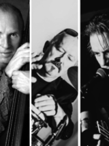 Black and white photo divided into three - three photos of three musicians