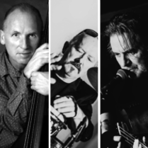 Black and white photo divided into three - three photos of three musicians