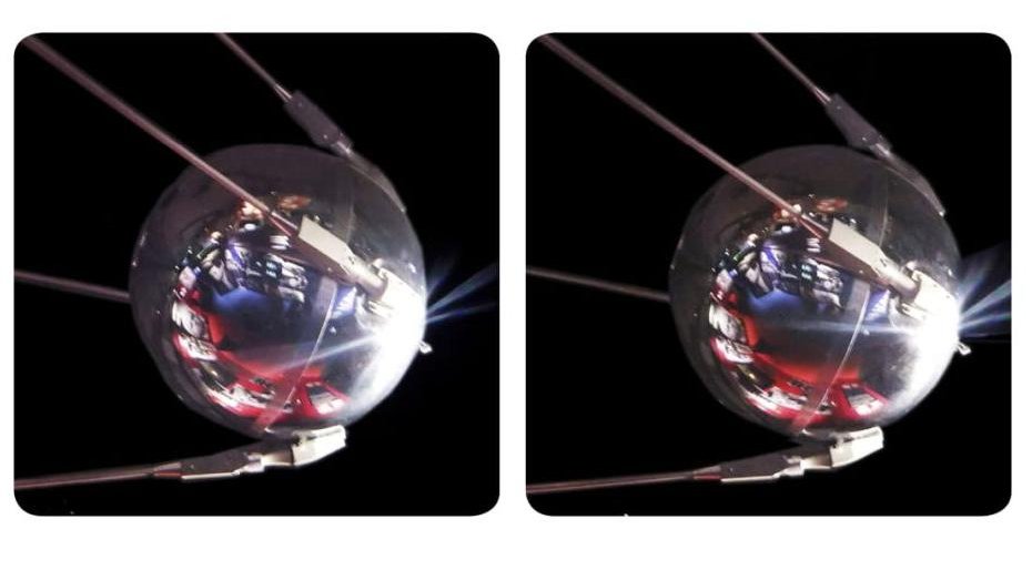 Double photo of fhe Earth's first man-made satellite, Sputnik 1, launched into orbit on 4 October 1957. Silver satellite on the black background.