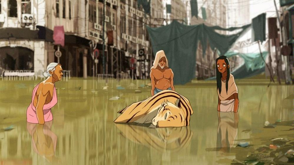 A frame from an animated film: a street in water, three people standing in water and looking at dead tiger. Buildings in the background.