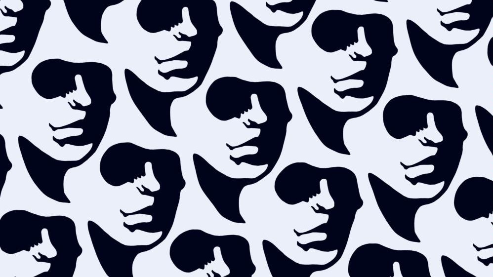 A frame from an animated film: black and white picture of many identical faces