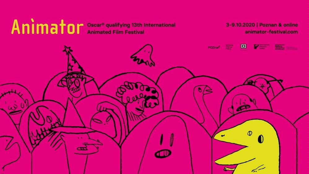 Poster of Animator Festival: dark pink background, various creatures sitting on cinema chairs, two elements of a picture in yellow colour.