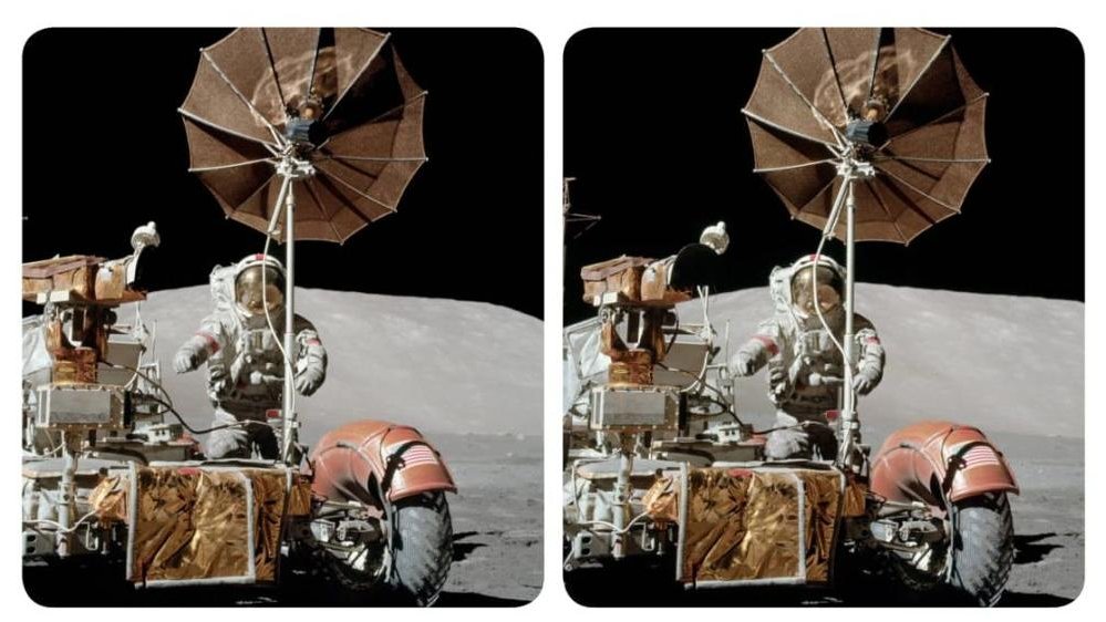 Double picture of a man in a space suit standing on the Moon. Some pieces of equipment around him.