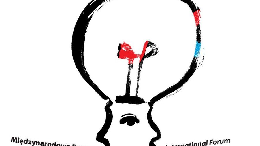 Event poster: the graphic of a huge light bulb, the bottom of which resembles a head.