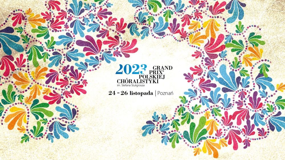 Colourful event poster: in the middle the title and date of the event, around it many colourful shapes resembling leaves.