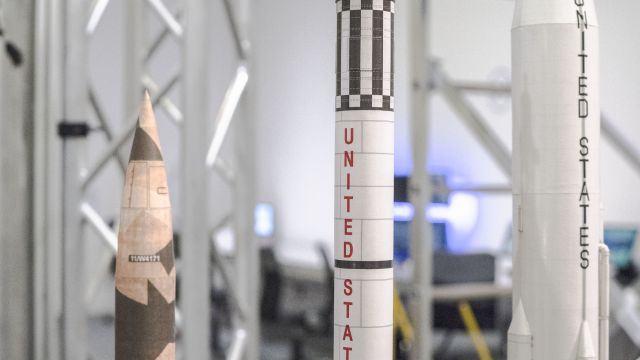 Photo of three rocket models.