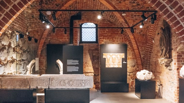 Museum room in the basement with a Gothic vault, several illuminated exhibits.