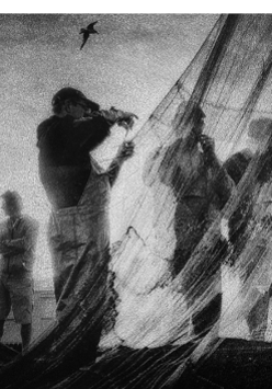 One of the exhibition works - black and white photo of fishermen standing by their fishing nets
