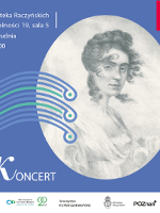 Concert poster: black and white painting of Maria Szymanowska in a circle and information about the event.