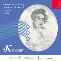 Concert poster: black and white painting of Maria Szymanowska in a circle and information about the event.