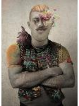 The picture of a man with folded arms in colourful vest. A part of his face is covered by flowers