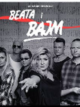 Black and white picture of Beata and Bajm band. White captions (name of the band) on the top of the photo.