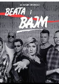 Black and white picture of Beata and Bajm band. White captions (name of the band) on the top of the photo.