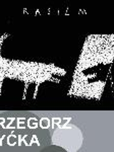 Drawing of white dog on a black background reflecting in a mirror; the mirror is white and the reflection of a dog is black.