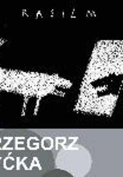 Drawing of white dog on a black background reflecting in a mirror; the mirror is white and the reflection of a dog is black.