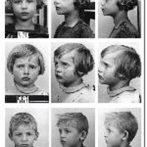 Black and white photo divided into 9 small pictures of sad children faces taken in profile and en face.