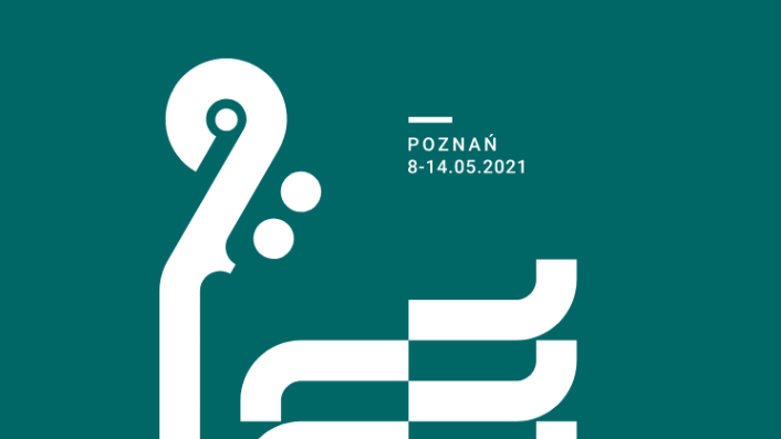White graphic presenting a fragment of a violin on a dark green background. White captions on top and on the bottom of the picture.