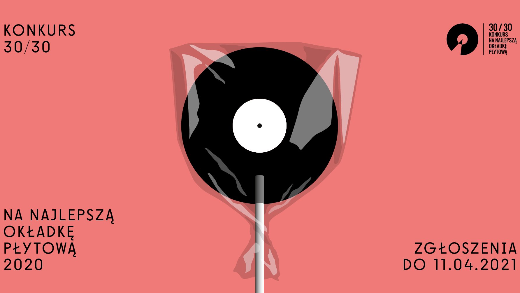 A black record with a stick, which looks like a lollipop, packed in a cellophane, on a pink background.