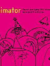 Poster of Animator Festival: dark pink background, various creatures sitting on cinema chairs, two elements of a picture in yellow colour.