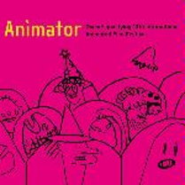 Poster of Animator Festival: dark pink background, various creatures sitting on cinema chairs, two elements of a picture in yellow colour.