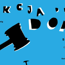 Black lettering and a picture of an auctioneer's gavel on blue background.