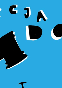 Black lettering and a picture of an auctioneer's gavel on blue background.
