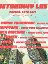 Poster - red captions with information about concerts on colourful drawing of high-rise buildings.