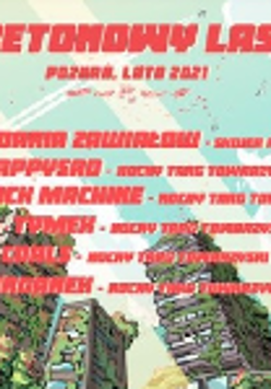 Poster - red captions with information about concerts on colourful drawing of high-rise buildings.