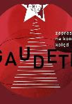 The dark red poster shows a simple Christmas tree made of horizontal white lines crowned with a white star. The Christmas tree is crossed by the inscription "Gaudete".