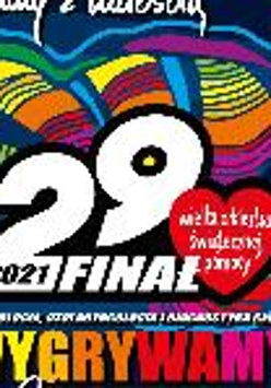Poster of 29. Finale of Grand Orchestra of Christmas Charity: white lettering, red heart - symbol of the event and colourful background