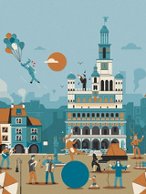 Colourful picture of the Old Market Square in Poznań. The Town hall in the middle, some people singing and playing the instruments in front of it, on the left a man flying with balloons in his hand