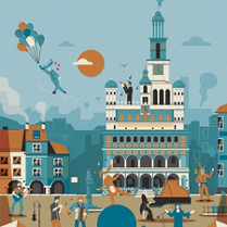 Colourful picture of the Old Market Square in Poznań. The Town hall in the middle, some people singing and playing the instruments in front of it, on the left a man flying with balloons in his hand