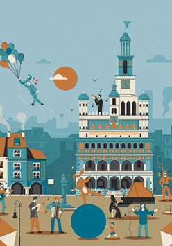 Colourful picture of the Old Market Square in Poznań. The Town hall in the middle, some people singing and playing the instruments in front of it, on the left a man flying with balloons in his hand