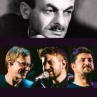 Picture divided into two parts. On ona part - black and white picture of Bułat Okudżawa, on the other part - photo of three members of the band