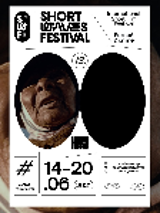 Poster of the Festival - two black oval circles on white background, in one- a face of an elderly woman. Black captions with information about the event.
