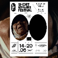 Poster of the Festival - two black oval circles on white background, in one- a face of an elderly woman. Black captions with information about the event.