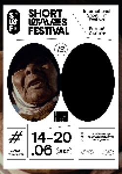 Poster of the Festival - two black oval circles on white background, in one- a face of an elderly woman. Black captions with information about the event.