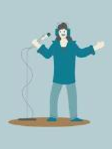 A picture in blue colours - a man standing with a microphone in his hand