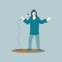 A picture in blue colours - a man standing with a microphone in his hand