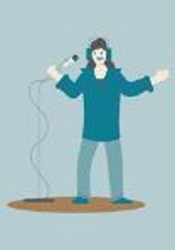 A picture in blue colours - a man standing with a microphone in his hand