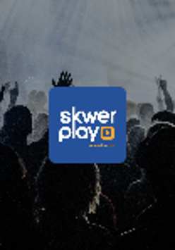 Dark blue square with white captions on it; as a background dark photo of concert audience.