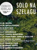 Program of the series - white lettering on green background, logo of Ogród Szeląg in the left up corner.