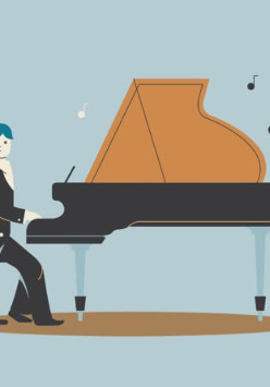 A picture of a man sitting at the piano on the blue background