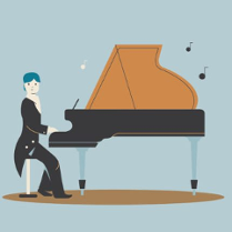 A picture of a man sitting at the piano on the blue background